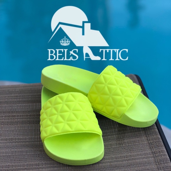 Neon Lime Slip On Slide Sandals - Picture 2 of 4